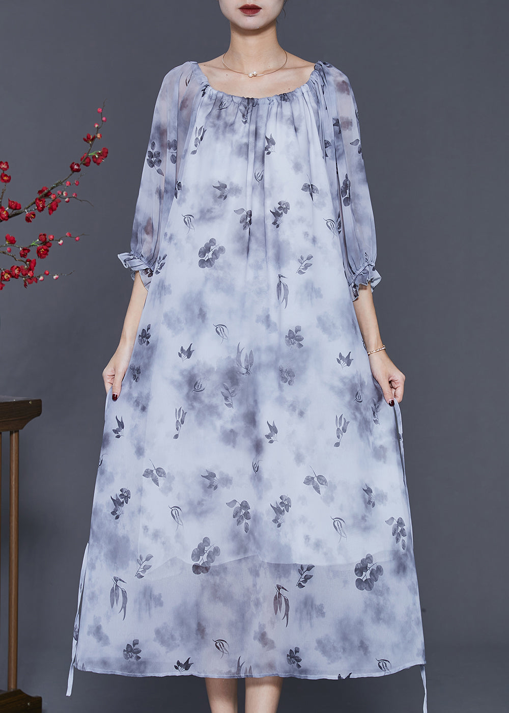Women Grey Print Tie Dye Chiffon Long Dress Half Sleeve