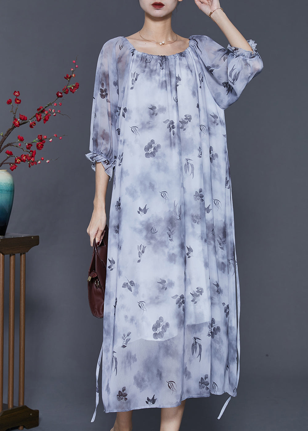 Women Grey Print Tie Dye Chiffon Long Dress Half Sleeve