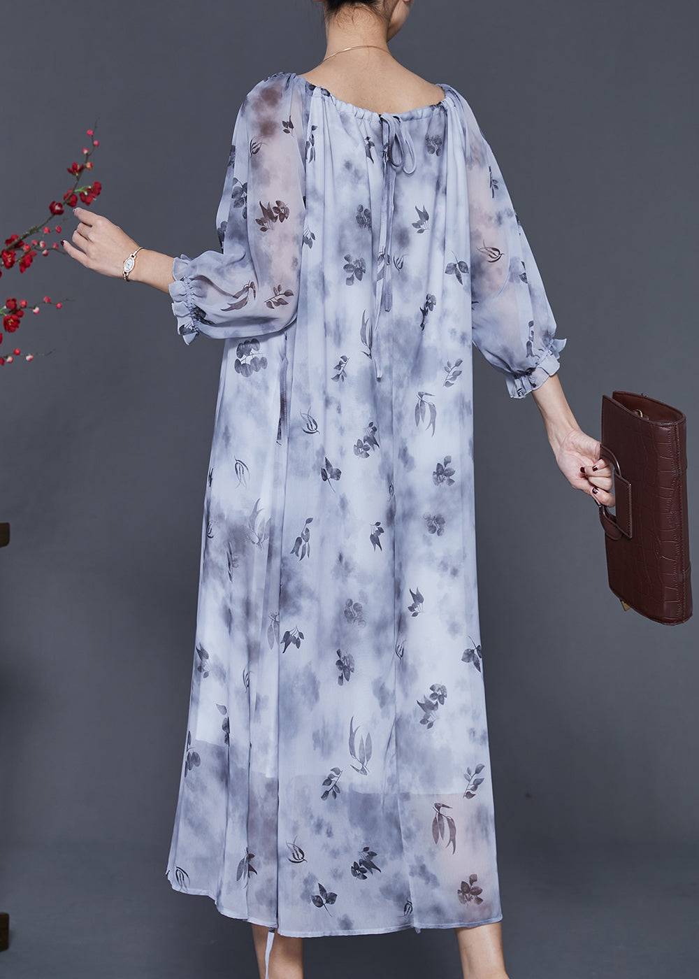 Women Grey Print Tie Dye Chiffon Long Dress Half Sleeve