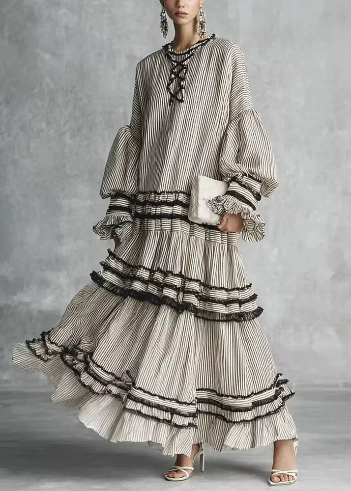 Women Grey Puff Sleeve Striped Ruffled Patchwork Cotton Dresses Fall
