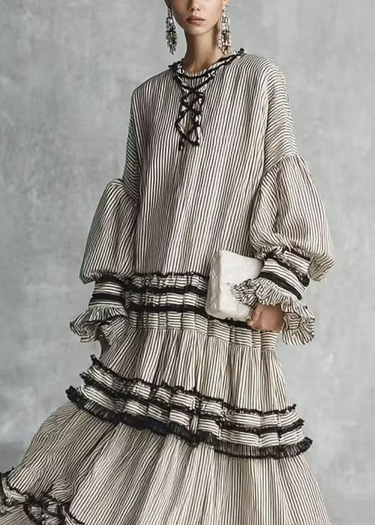 Women Grey Puff Sleeve Striped Ruffled Patchwork Cotton Dresses Fall
