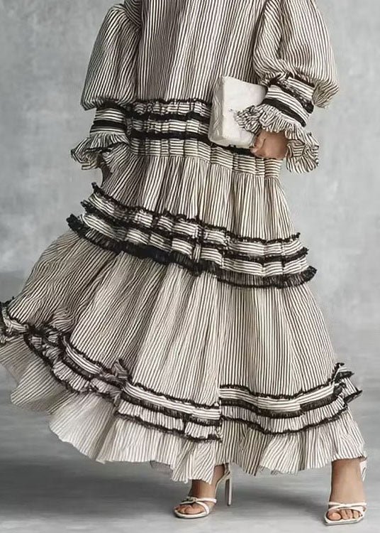 Women Grey Puff Sleeve Striped Ruffled Patchwork Cotton Dresses Fall