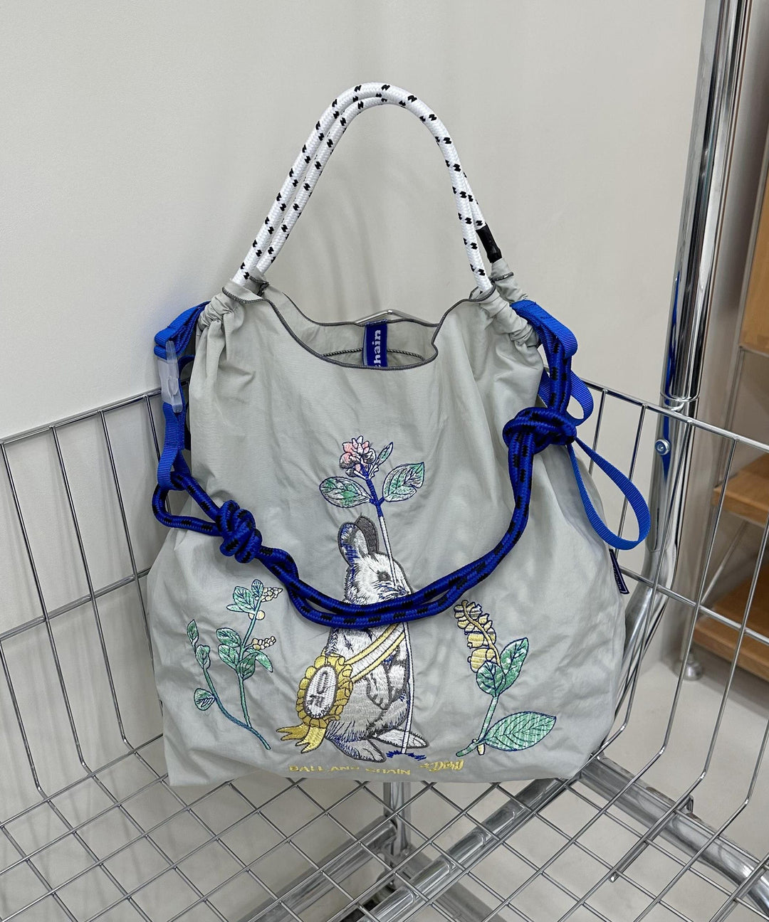 Women Grey Rabbit Embroidered Nylon Shoulder Bags
