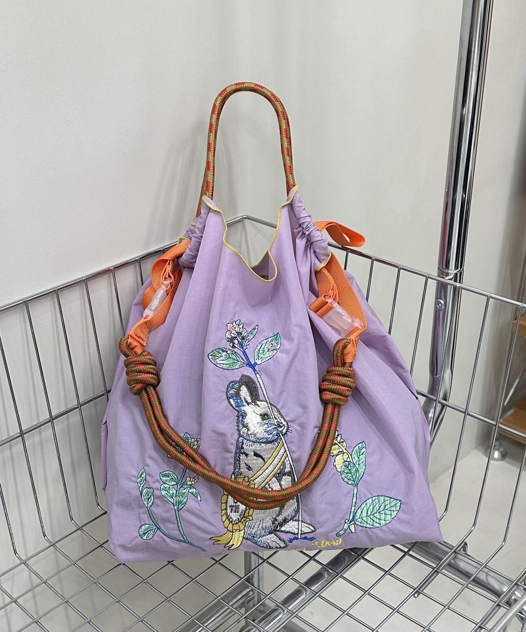 Women Grey Rabbit Embroidered Nylon Shoulder Bags