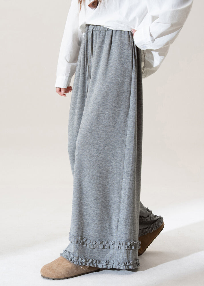 Women Grey Ruffled Elastic Waist Patchwork Cotton Wide Leg Pants Fall