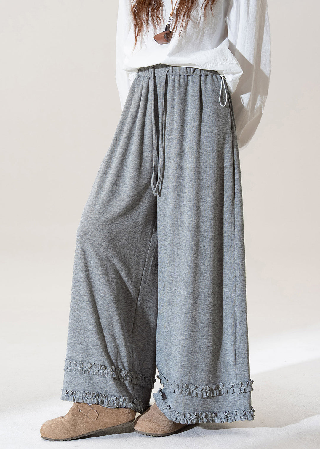 Women Grey Ruffled Elastic Waist Patchwork Cotton Wide Leg Pants Fall