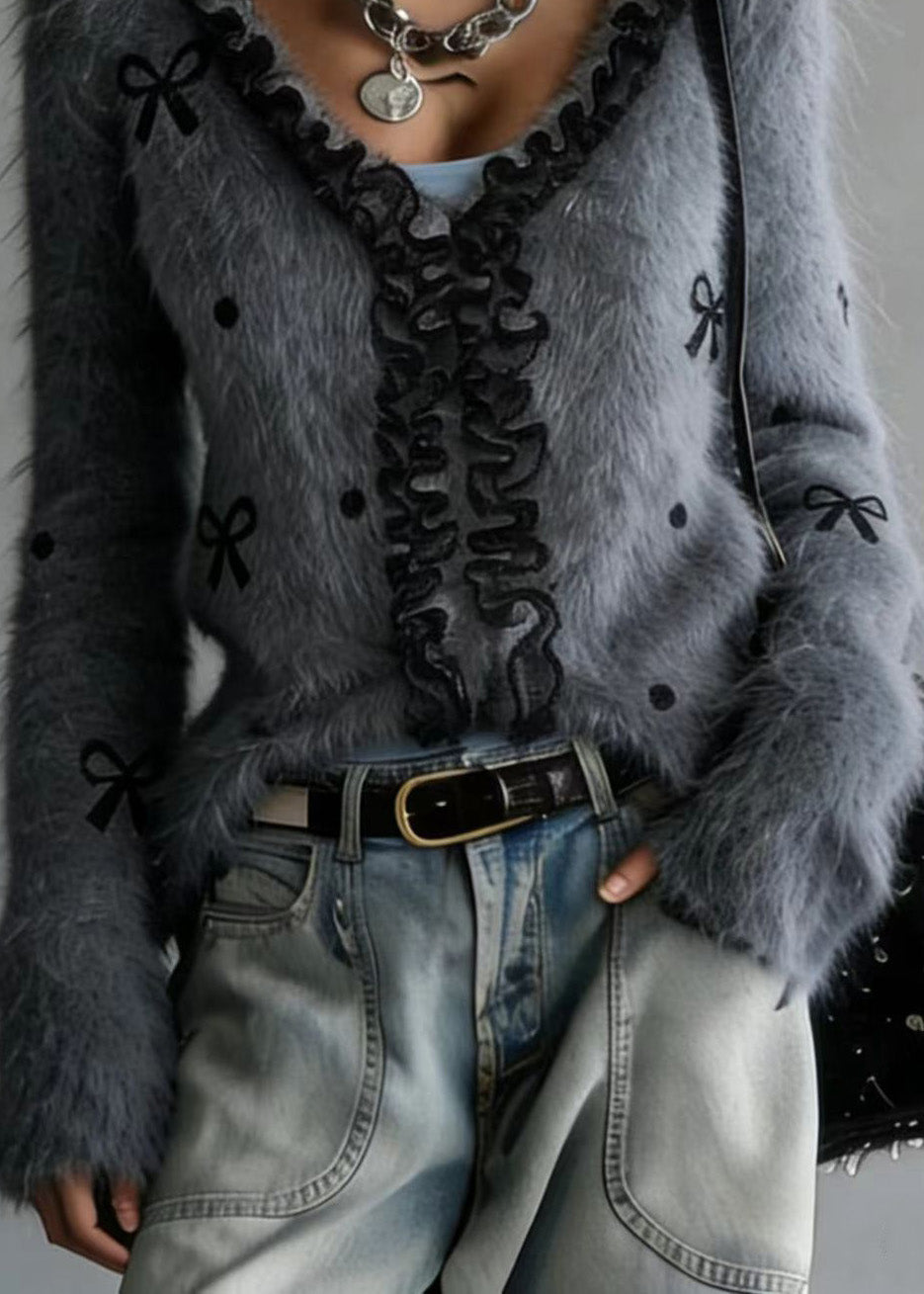 Women Grey Ruffled Patchwork Faux Fur Fluffy Knitted Top Spring