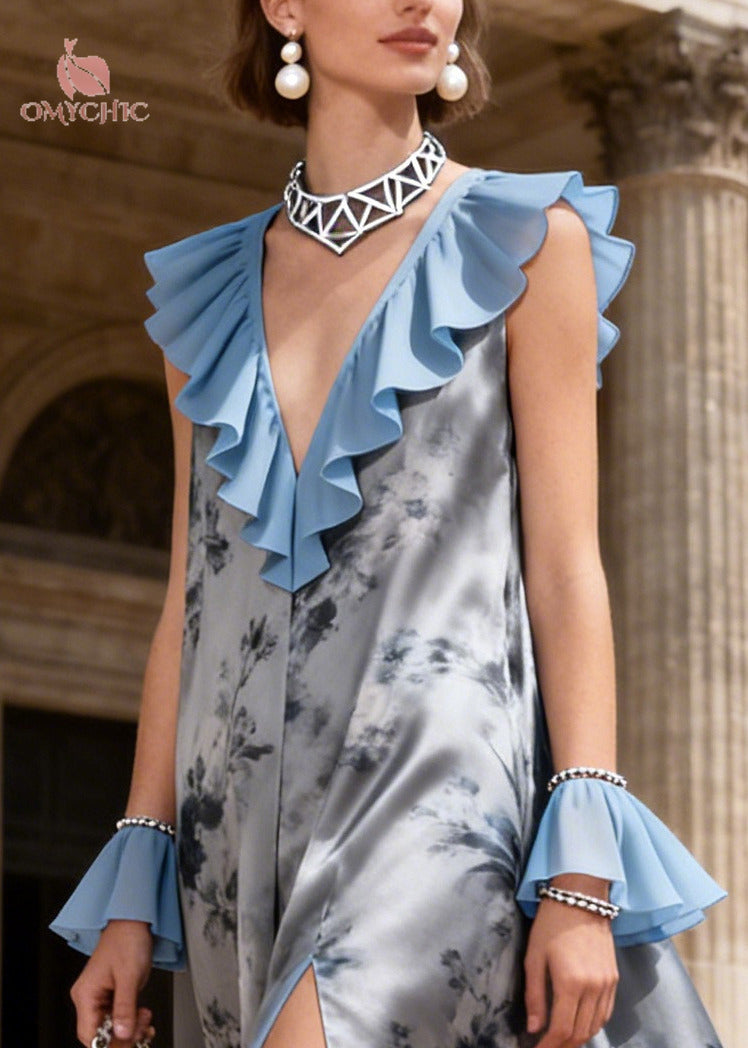 Women Grey Ruffled Patchwork Side Open Chiffon Long Dress Summer