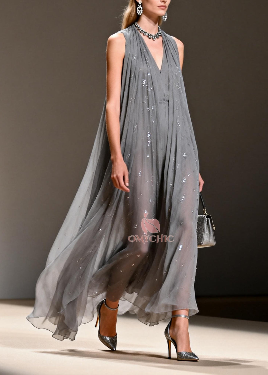 Women Grey Sequins Chiffon Long Dress Sleeveless