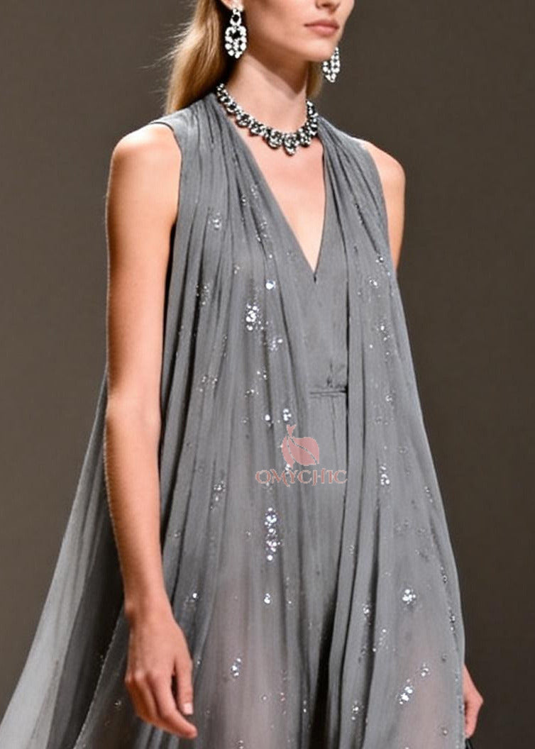 Women Grey Sequins Chiffon Long Dress Sleeveless