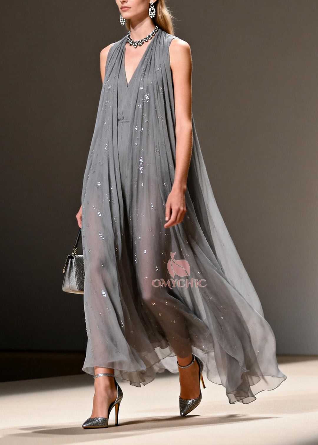 Women Grey Sequins Chiffon Long Dress Sleeveless