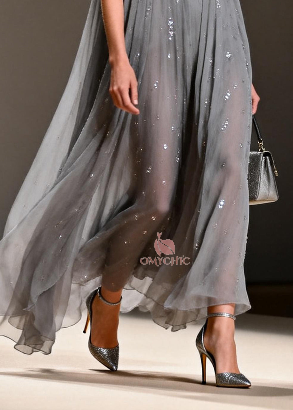 Women Grey Sequins Chiffon Long Dress Sleeveless