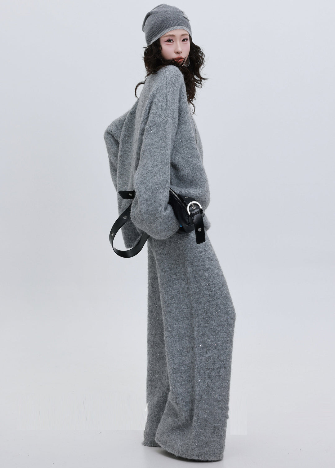 Women Grey Sequins Thick Knit Two Pieces Set Winter