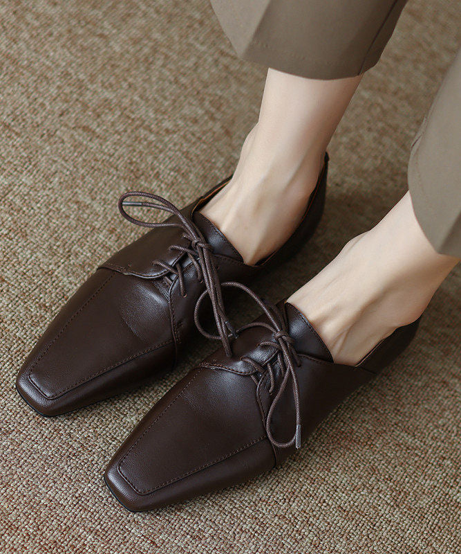 Women Grey Sheepskin Lace Up Splicing Square Toe Flat Shoes