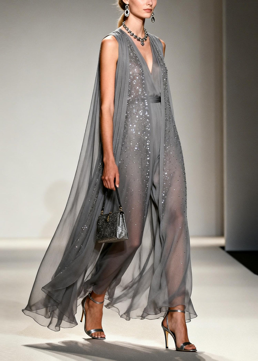 Women Grey Sparkling Zircon Draping Chiffon Dress Two Piece Set Sleeveless