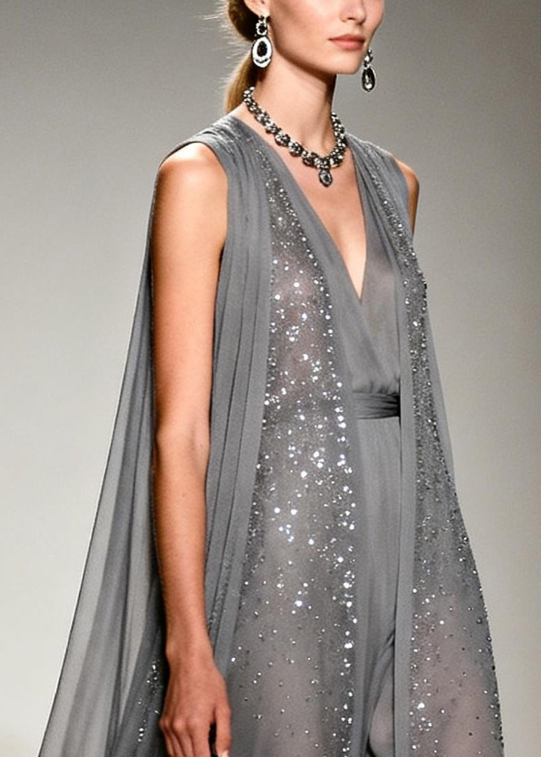 Women Grey Sparkling Zircon Draping Chiffon Dress Two Piece Set Sleeveless