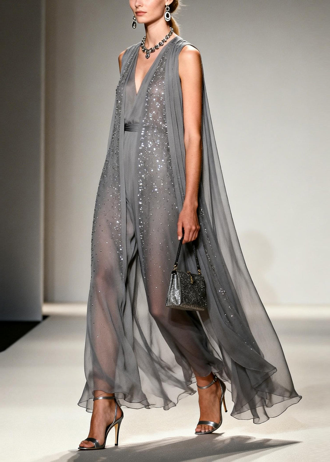 Women Grey Sparkling Zircon Draping Chiffon Dress Two Piece Set Sleeveless