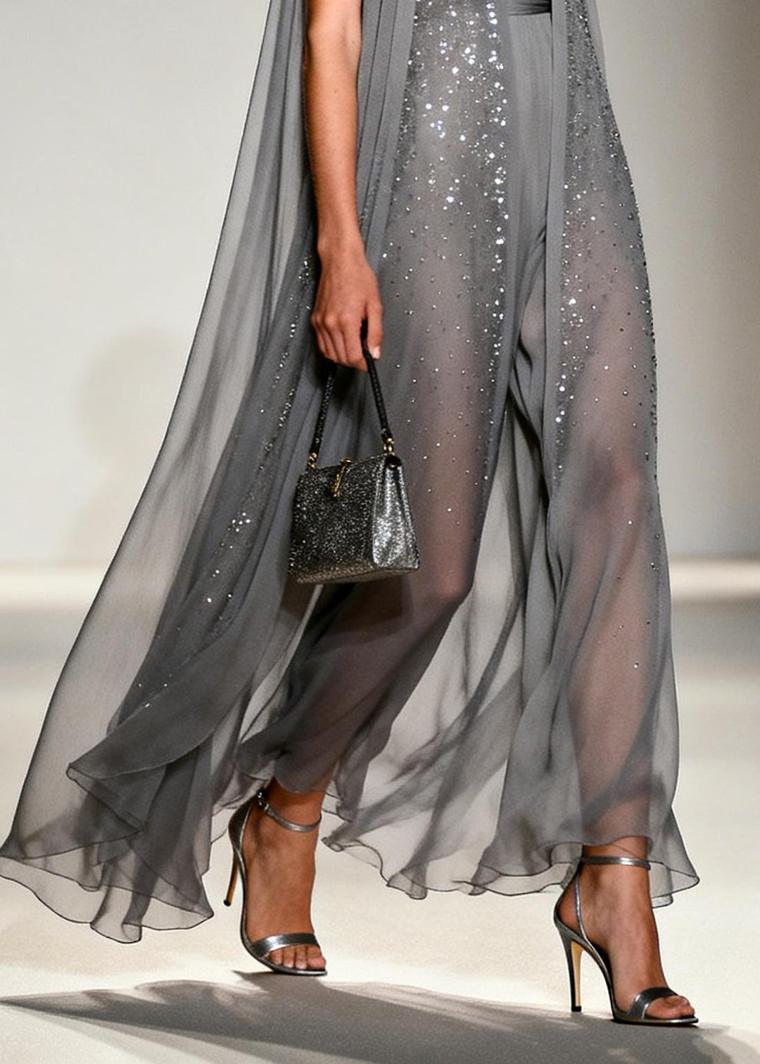 Women Grey Sparkling Zircon Draping Chiffon Dress Two Piece Set Sleeveless