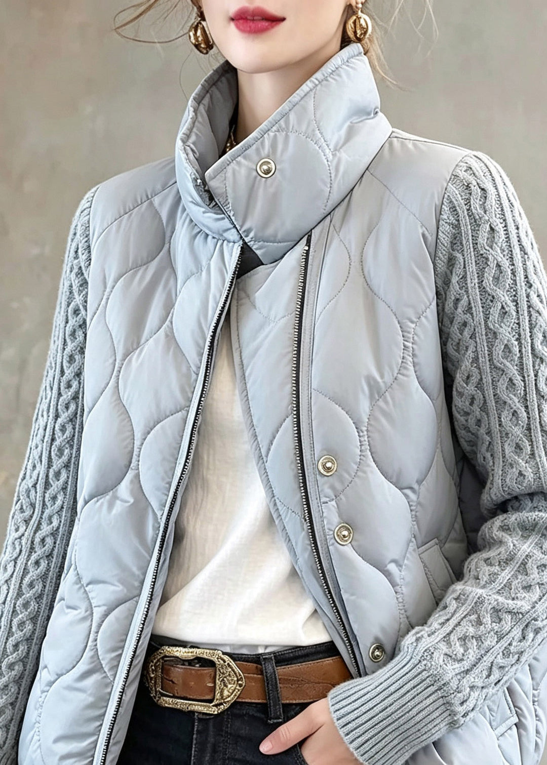 Women Grey Stand Colla Knit Patchwork Thick Coats Winter