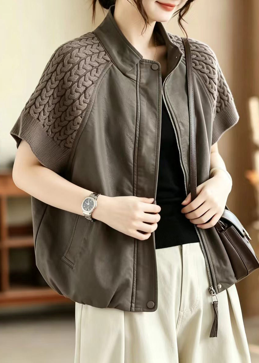 Women Grey Stand Collar Patchwork Knit Waistcoat Fall