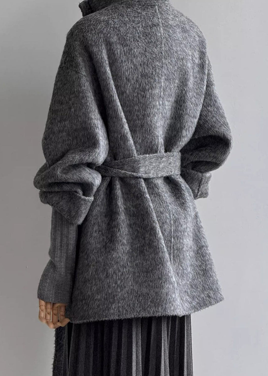 Women Grey Stand Collar Tie Waist Woolen Coats Fall