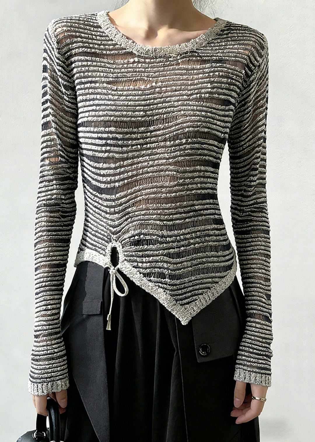 Women Grey Striped Cinched Knit Sweaters Spring