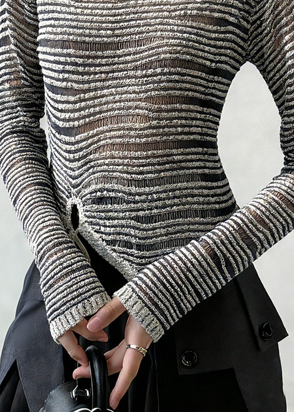 Women Grey Striped Cinched Knit Sweaters Spring