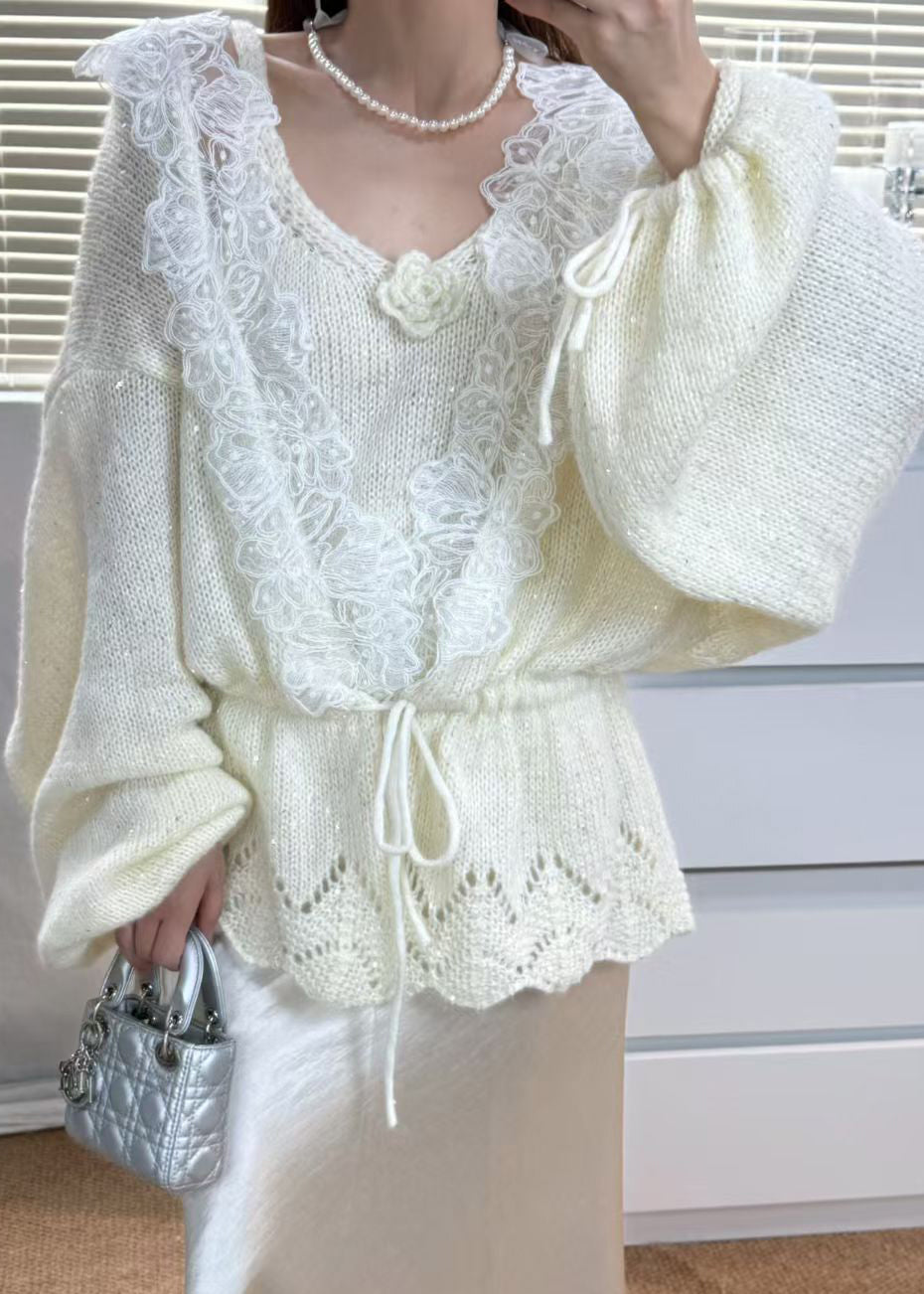 Women Grey Tie Waist Patchwork Lace Knit 2 Piece Outfit Winter