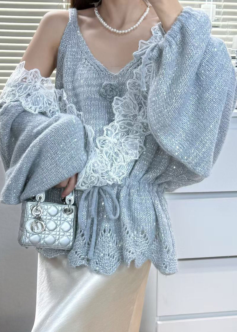 Women Grey Tie Waist Patchwork Lace Knit 2 Piece Outfit Winter