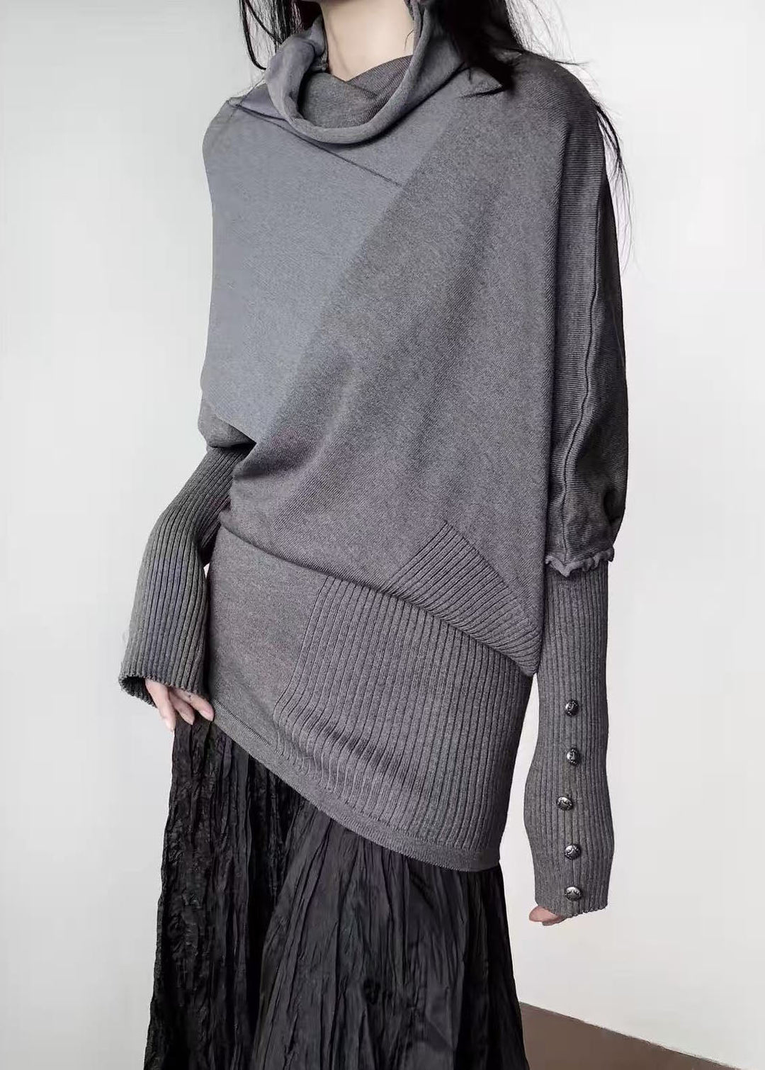 Women Grey Turtle Neck Asymmetrical Design Knit Sweater Tops Winter