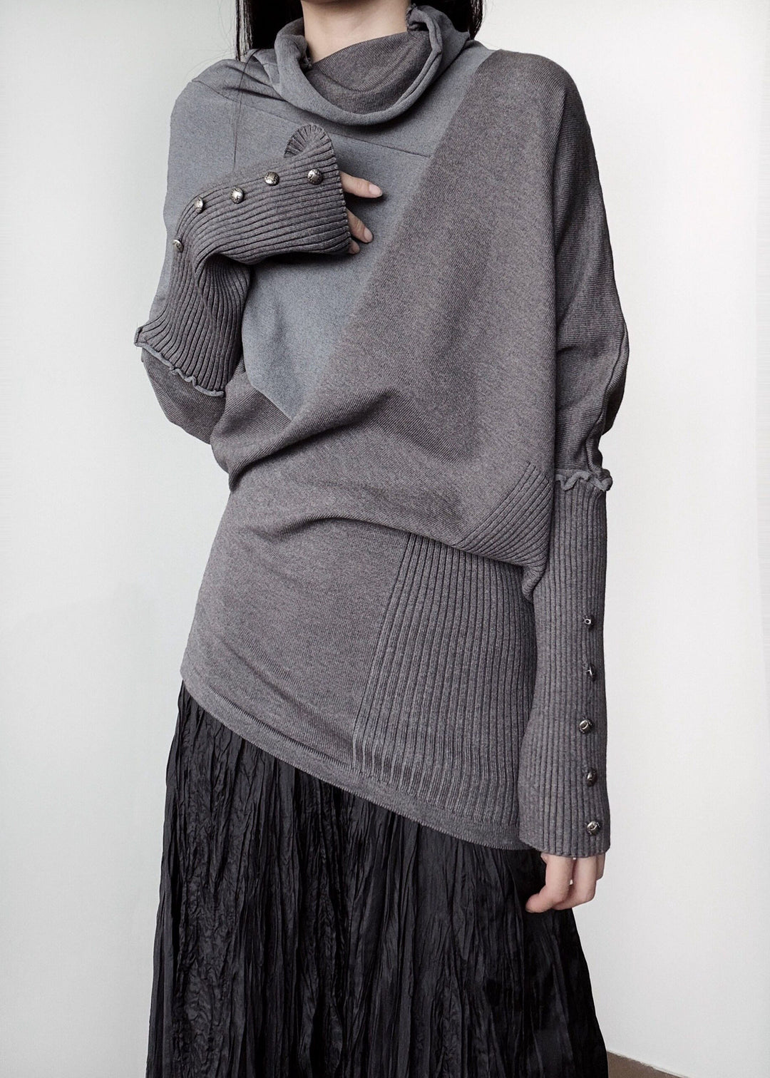Women Grey Turtle Neck Asymmetrical Design Knit Sweater Tops Winter