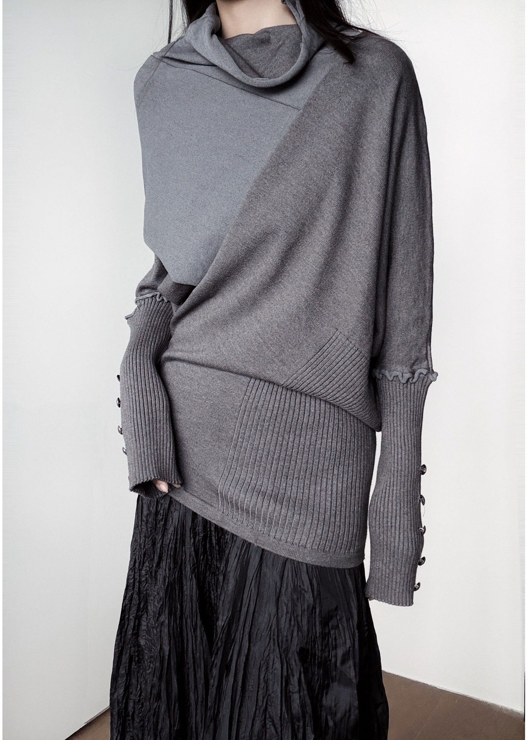 Women Grey Turtle Neck Asymmetrical Design Knit Sweater Tops Winter