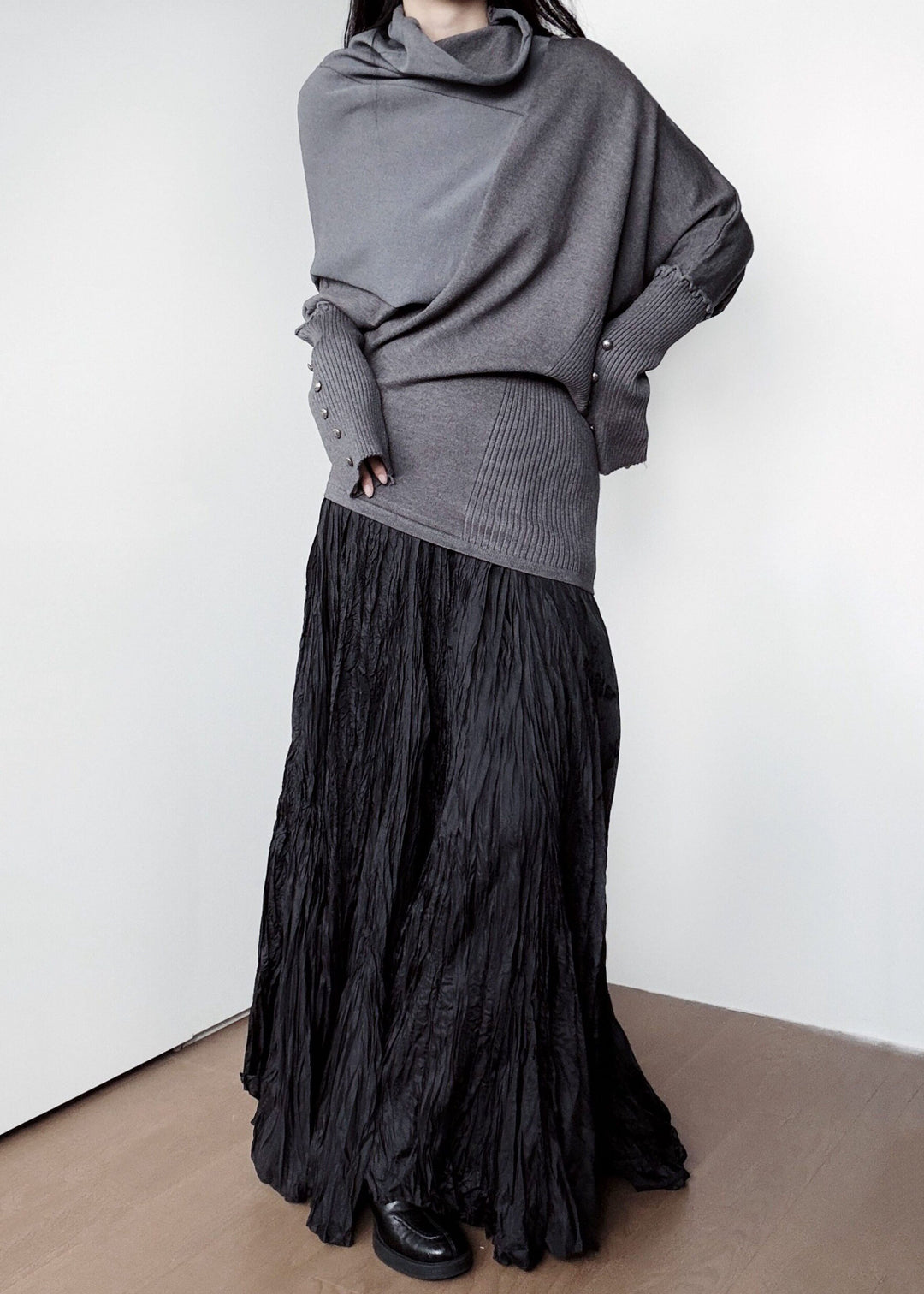 Women Grey Turtle Neck Asymmetrical Design Knit Sweater Tops Winter