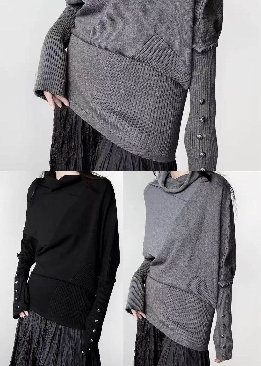 Women Grey Turtle Neck Asymmetrical Design Knit Sweater Tops Winter