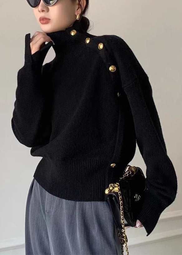 Women Grey Turtleneck Button Side Open Knit Sweater Winter