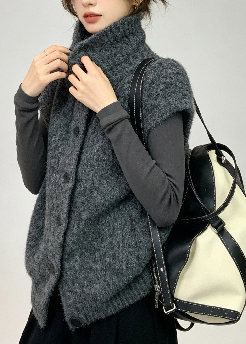 Women Grey Turtleneck Solid Cotton Knit Waistcoat Fall