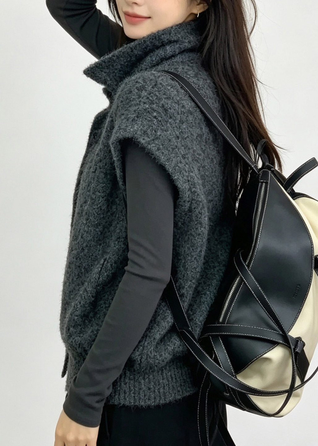 Women Grey Turtleneck Solid Cotton Knit Waistcoat Fall