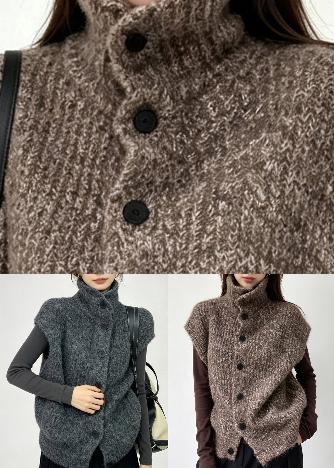 Women Grey Turtleneck Solid Cotton Knit Waistcoat Fall