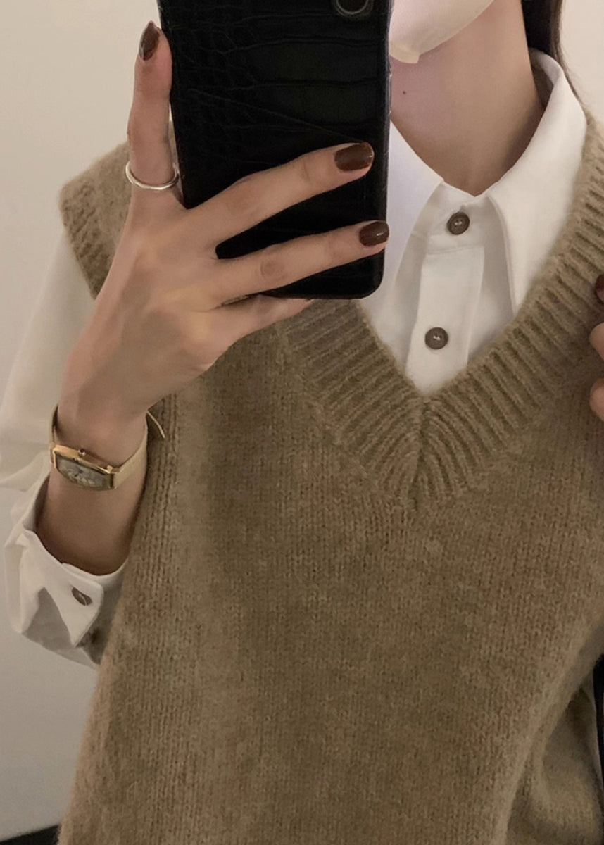 Women Grey V Neck Cozy Knit Vest Tops Sleeveless