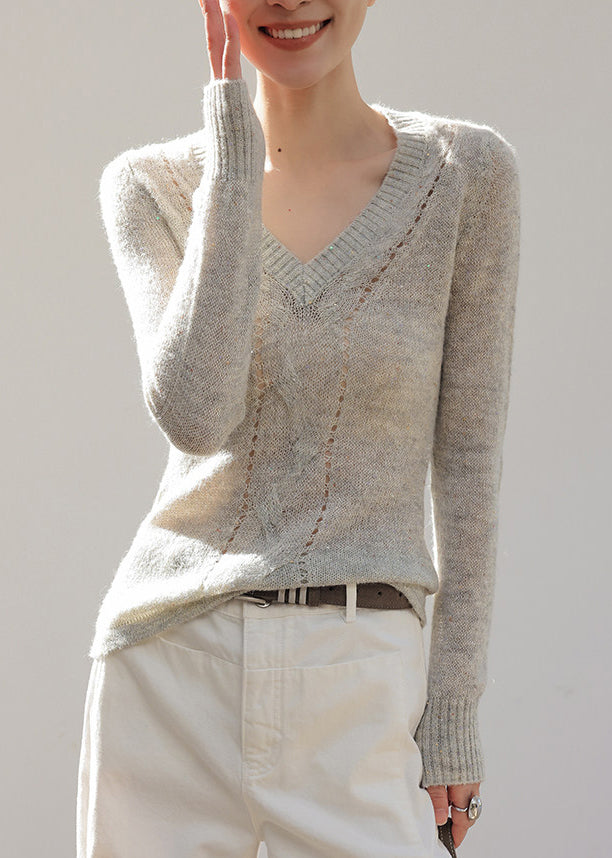 Women Grey V Neck Hollow Out Knit Top Spring