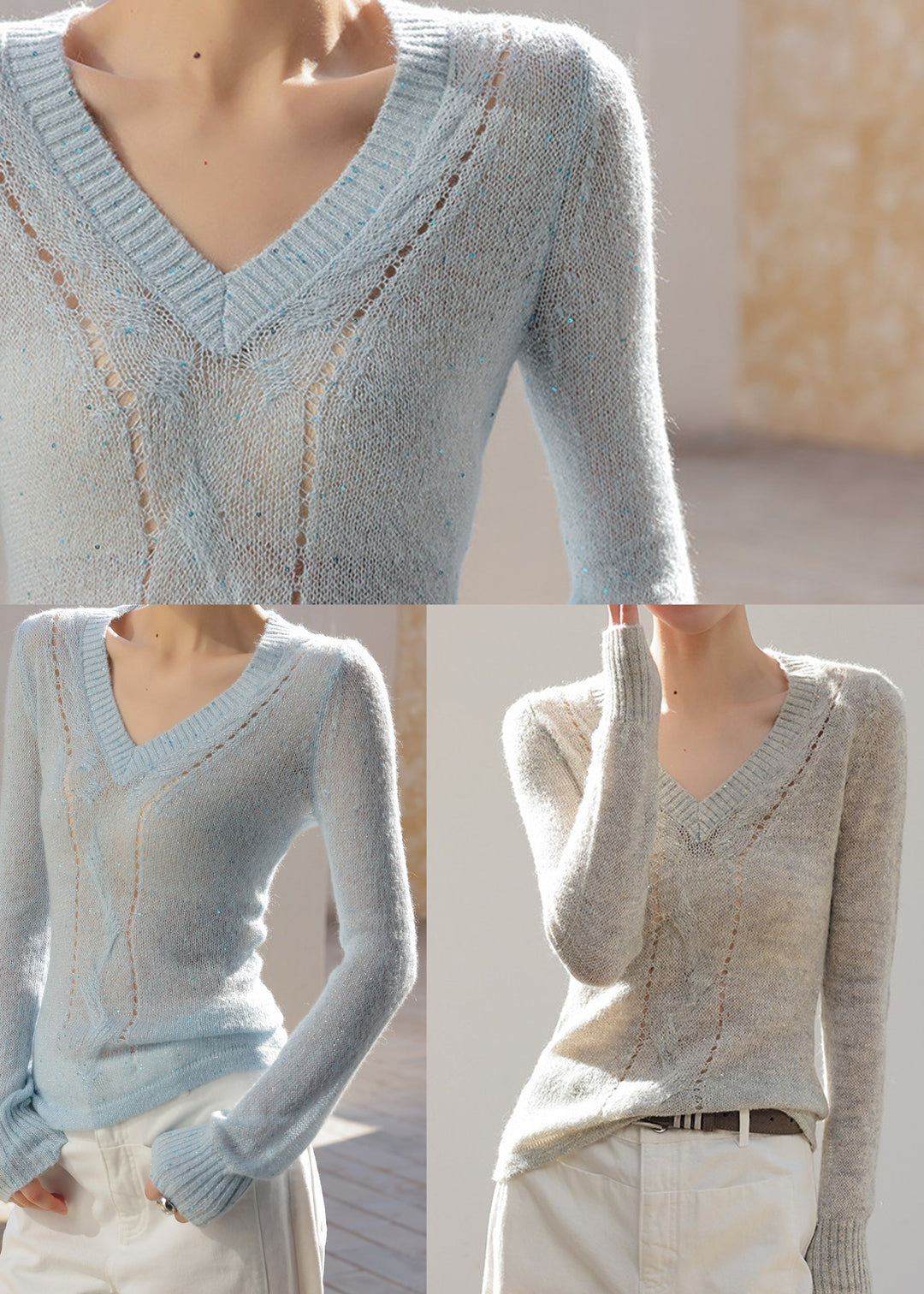 Women Grey V Neck Hollow Out Knit Top Spring