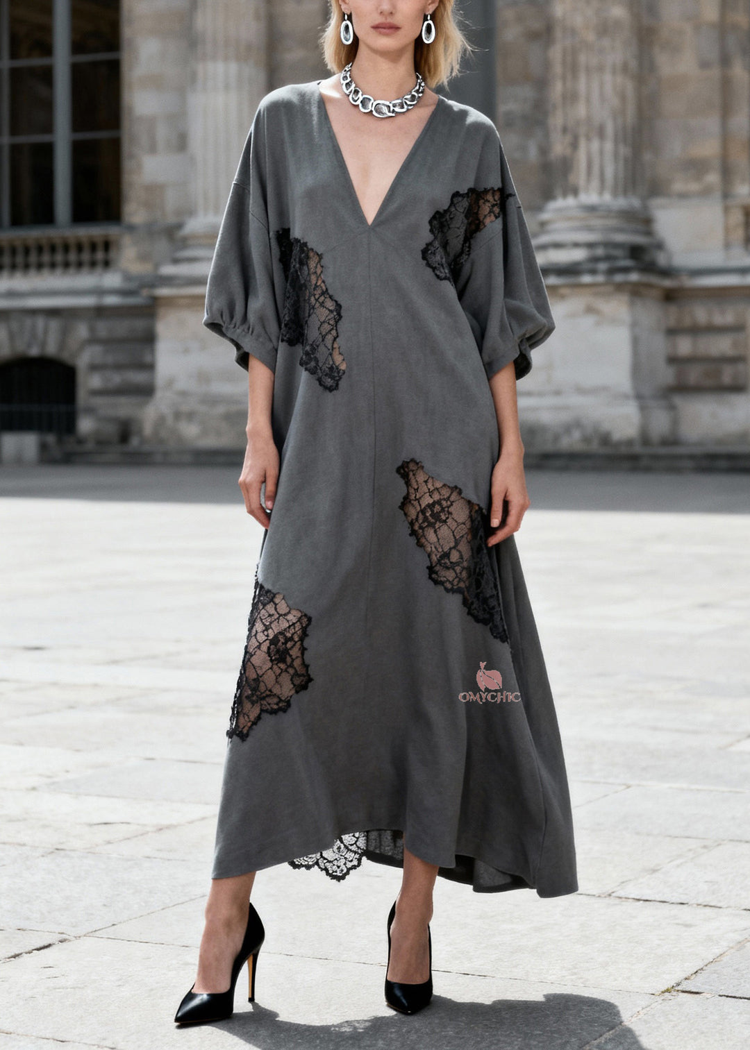 Women Grey V Neck Hollow Out Lace Patchwork Cotton Dresses Summer