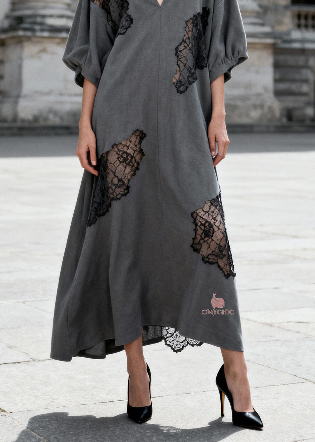 Women Grey V Neck Hollow Out Lace Patchwork Cotton Dresses Summer