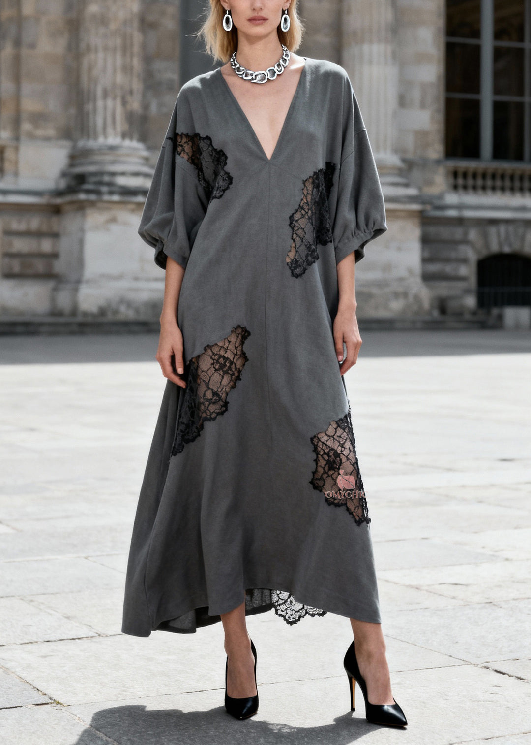 Women Grey V Neck Hollow Out Lace Patchwork Cotton Dresses Summer