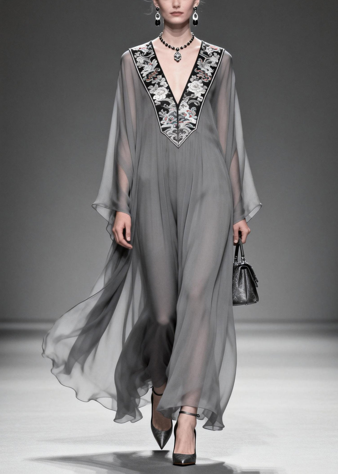 Women Grey V Neck Patchwork Chiffon Maxi Dress Summer