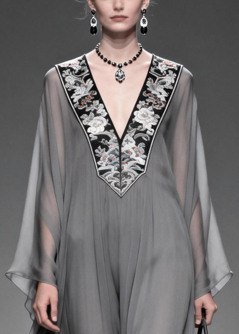 Women Grey V Neck Patchwork Chiffon Maxi Dress Summer