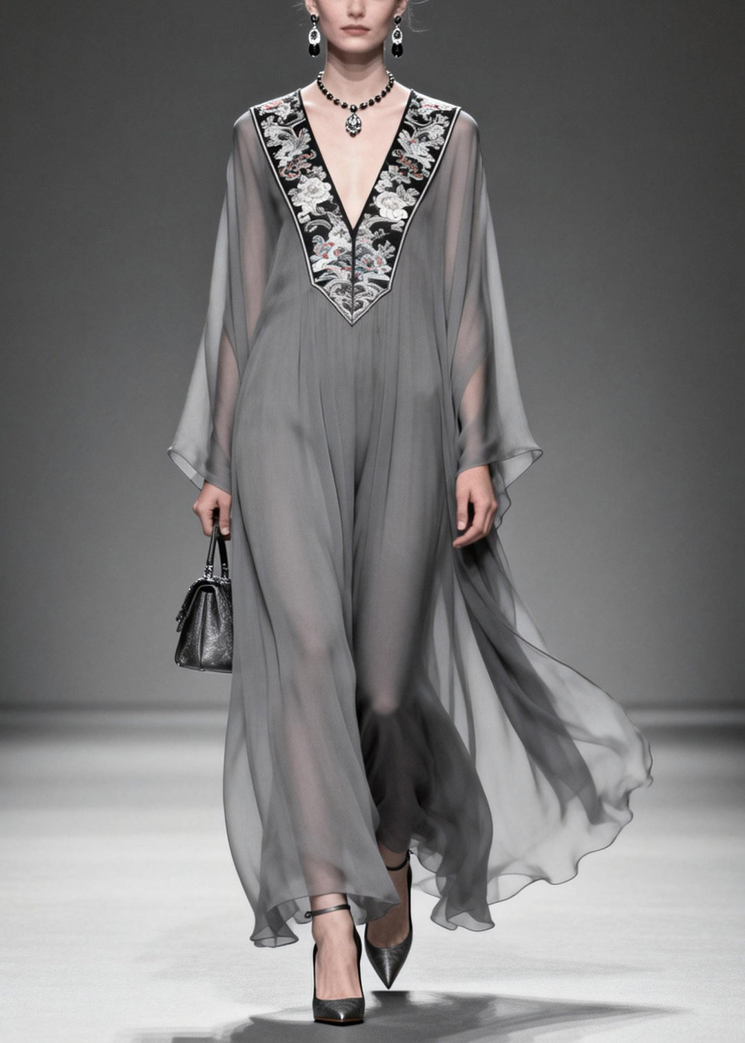Women Grey V Neck Patchwork Chiffon Maxi Dress Summer