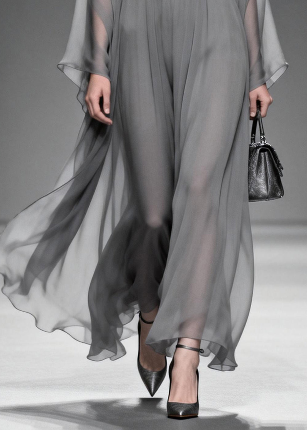 Women Grey V Neck Patchwork Chiffon Maxi Dress Summer