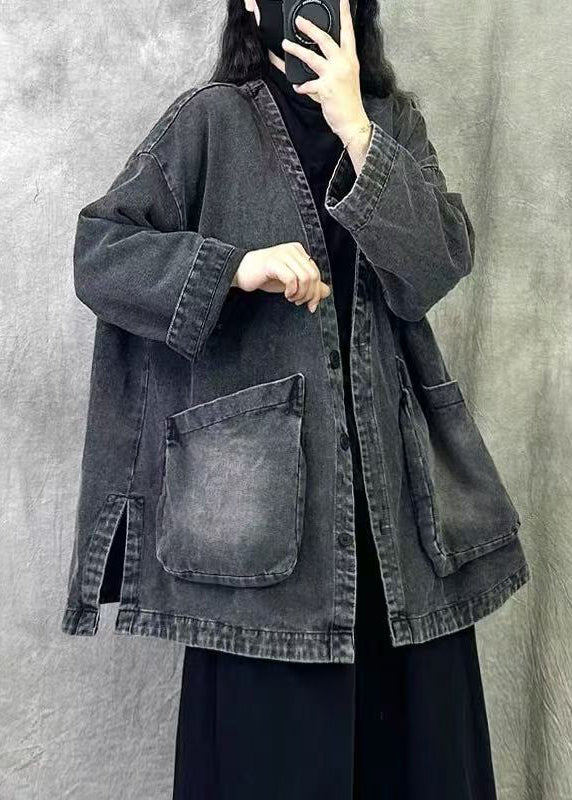 Women Grey V Neck Pockets Patchwork Denim Coat Fall