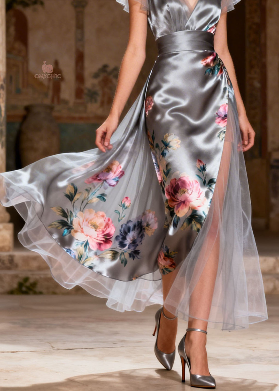 Women Grey V Neck Print Patchwork Silk Dress Summer